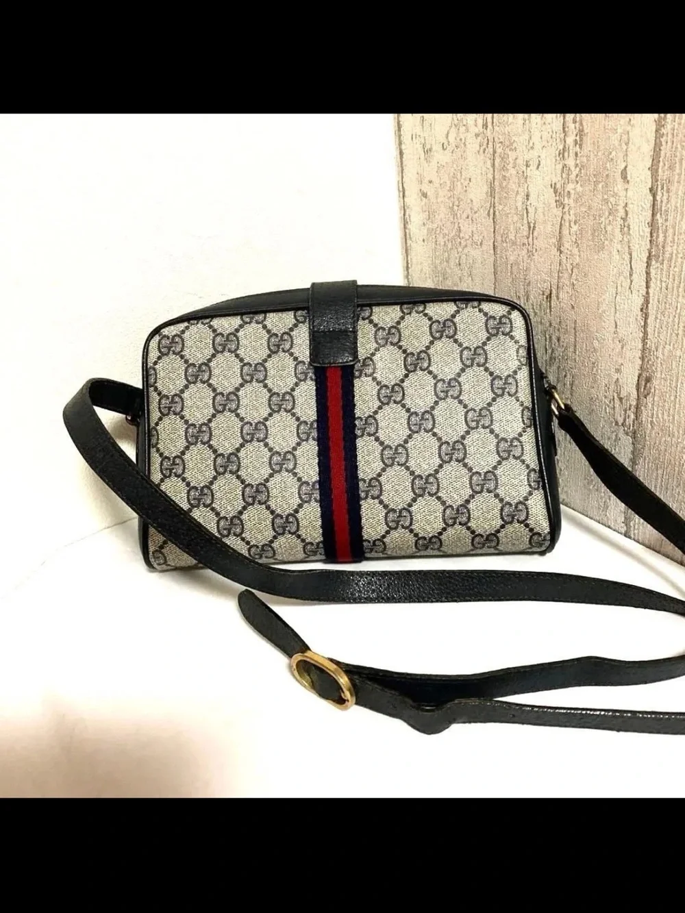 Gucci GG Supreme Canvas Crossbody with Navy and Red Web Stripe